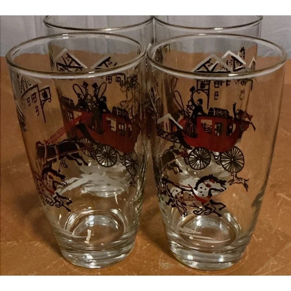 Vintage 1950s Libbey Stagecoach Horses Christmas Glasses, Set Of‎ 4, Gold Rim
